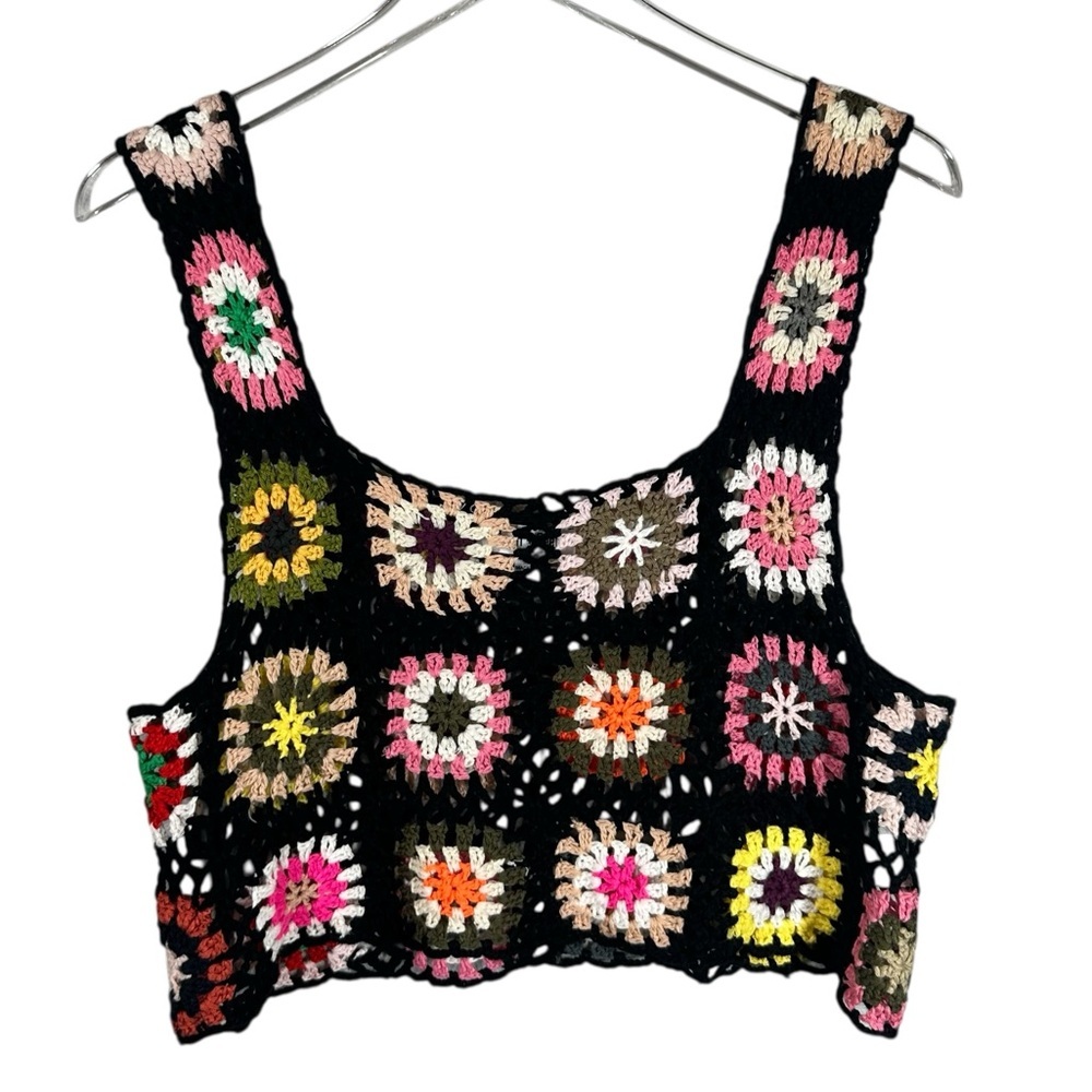 SEWN + SEEN Women's Bohemian Large Black Ganny Square Crochet Tank Top